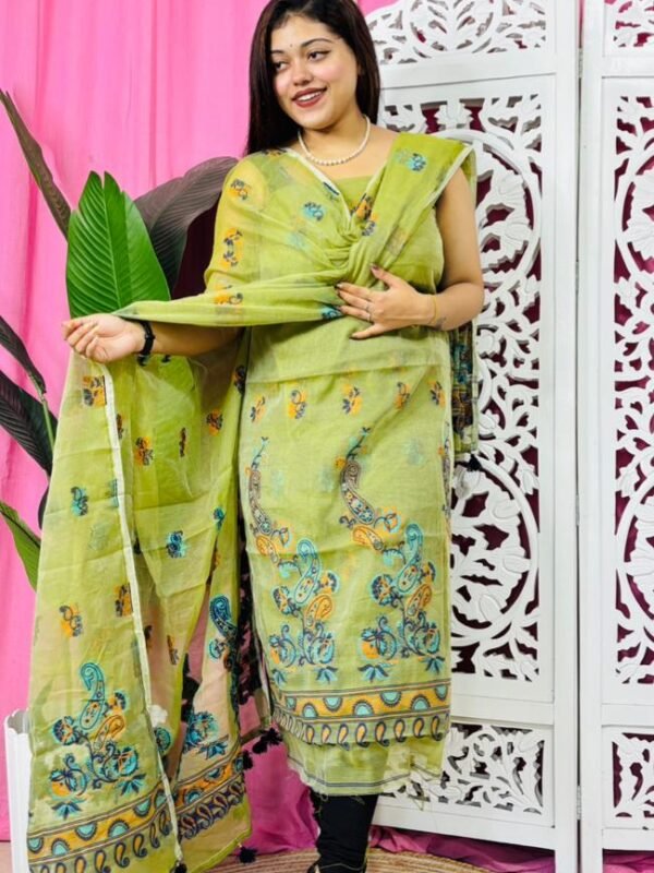 Unstitched 2 Piece Jamdani Churidar Set - Avocado Green