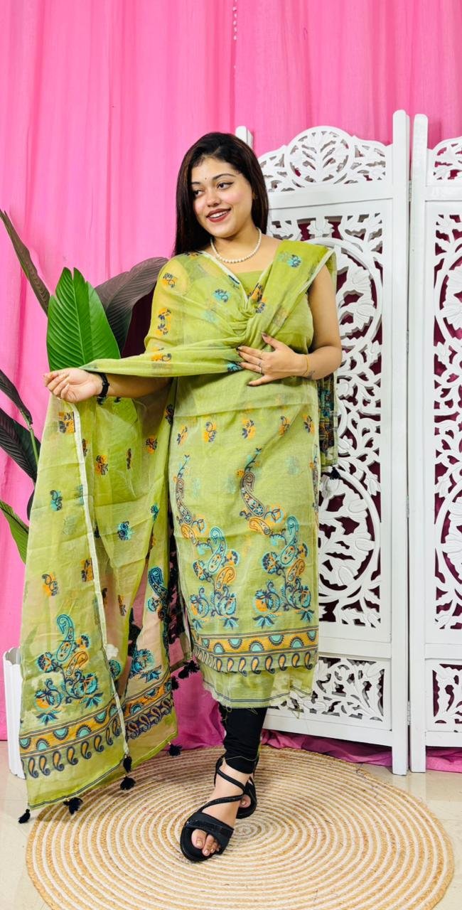 Unstitched 2 Piece Jamdani Churidar Set - Avocado Green