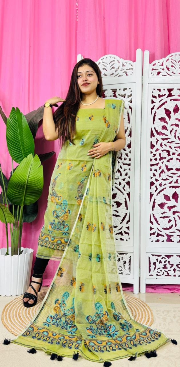 Unstitched 2 Piece Jamdani Churidar Set - Avocado Green