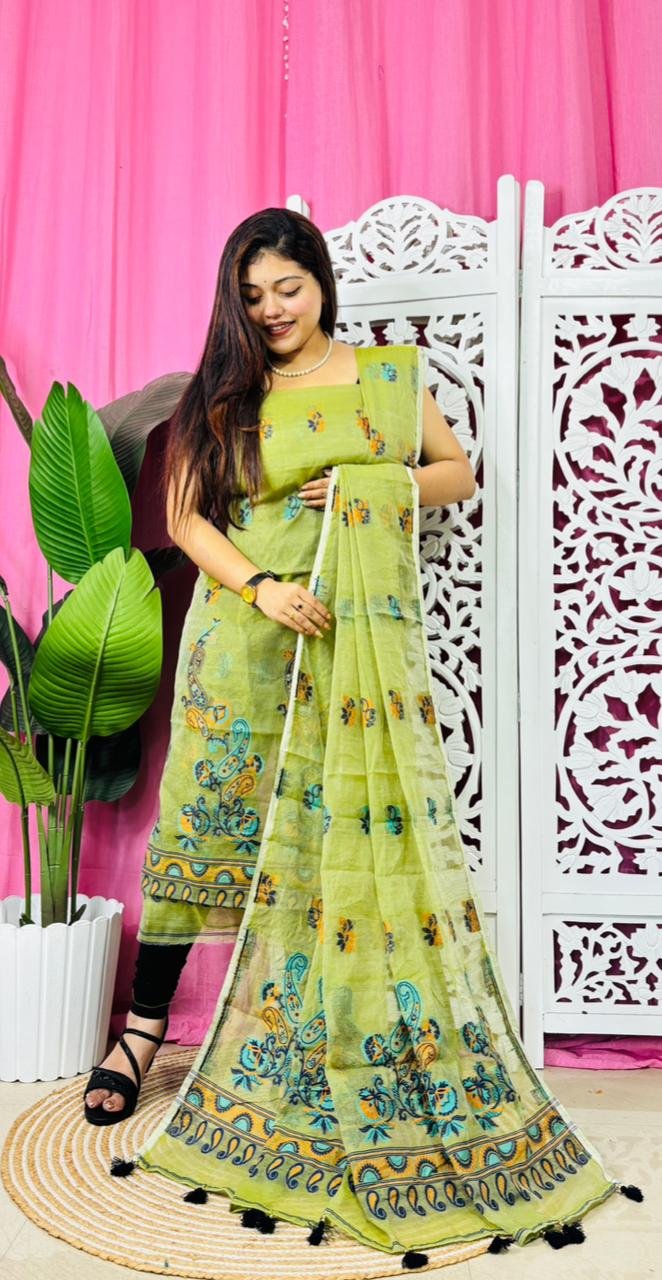 Unstitched 2 Piece Jamdani Churidar Set - Avocado Green