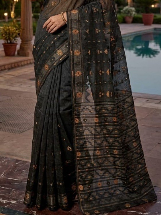 Nayan Tara Soft Dhakai Jamdani Saree - Black