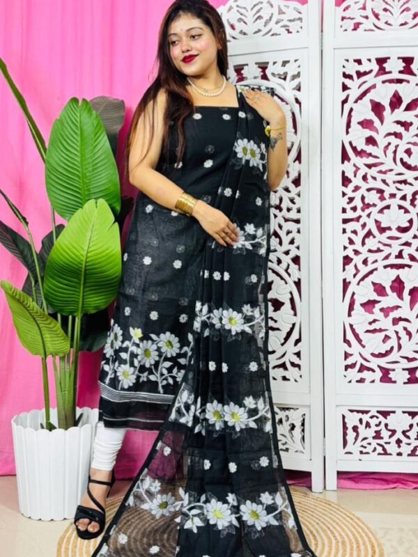 2 Piece Unstitched Sunflower Jamdani Churidar Set - Black