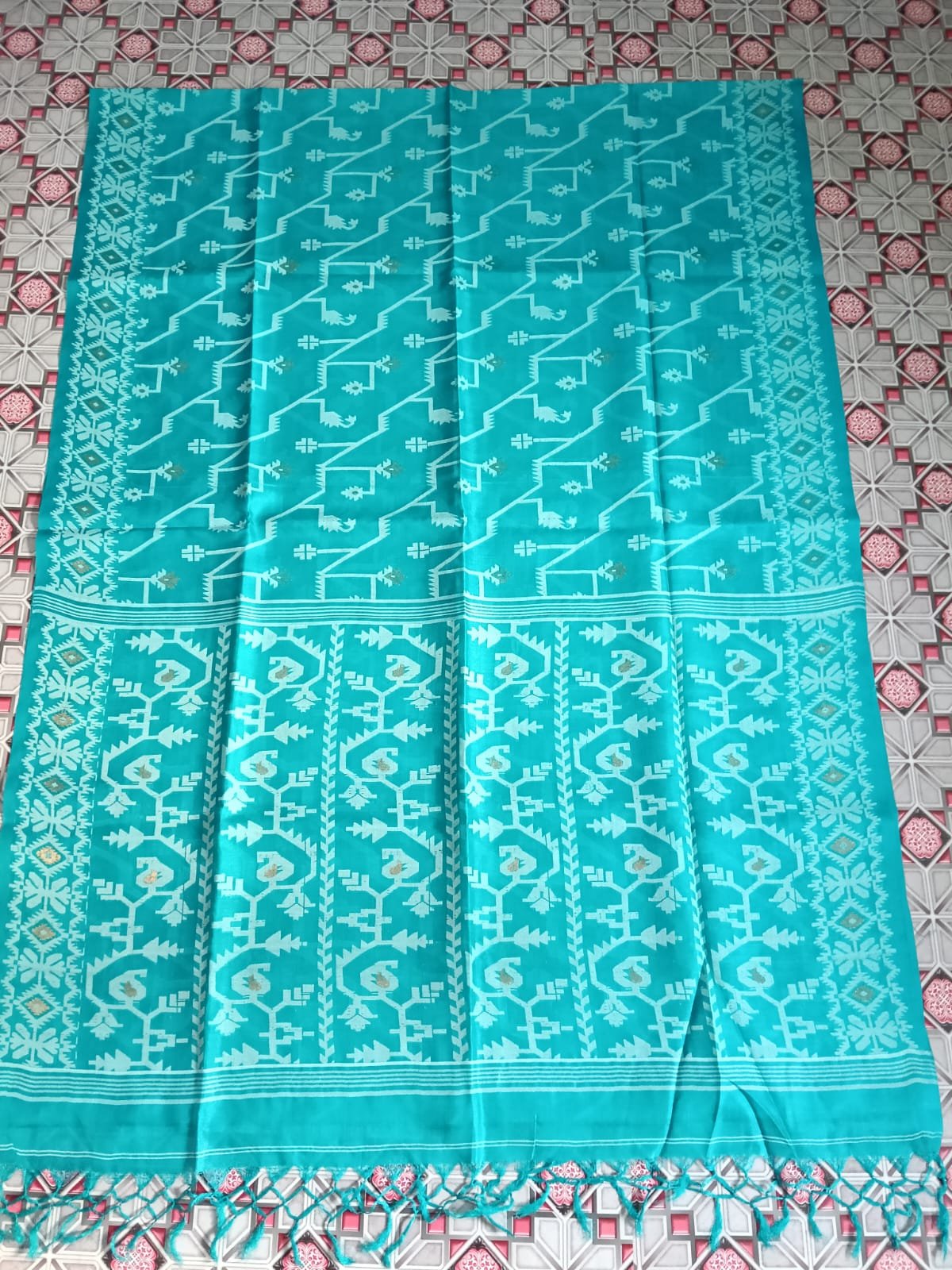 Pure Gachi Tussar Handloom Jamdani Sari With Blouse Piece - Blue Chill Pure Gachi Tussar Handloom Jamdani Sari With Blouse Piece - Blue Chill