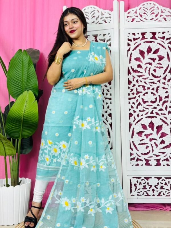 2 Piece Unstitched Sunflower Jamdani Churidar Set - Blue Hosta