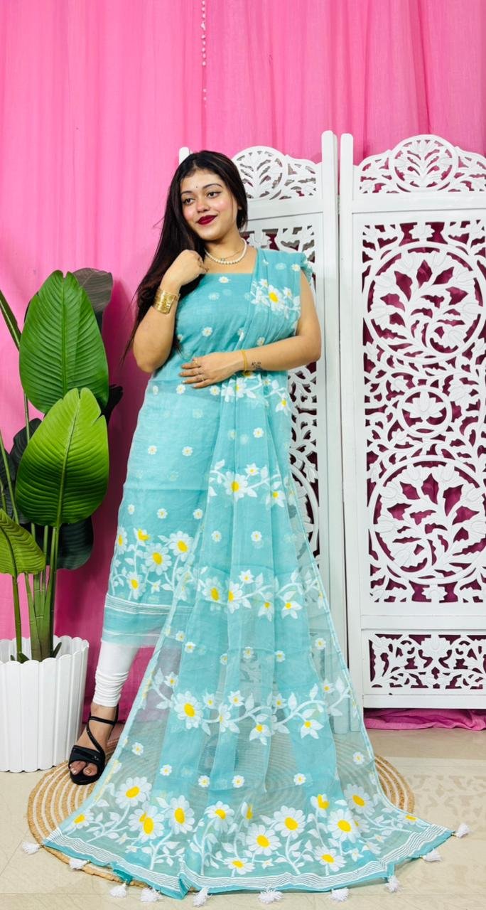 2 Piece Unstitched Sunflower Jamdani Churidar Set - Blue Hosta