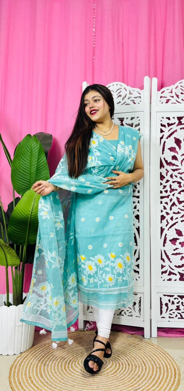 2 Piece Unstitched Sunflower Jamdani Churidar Set - Blue Hosta