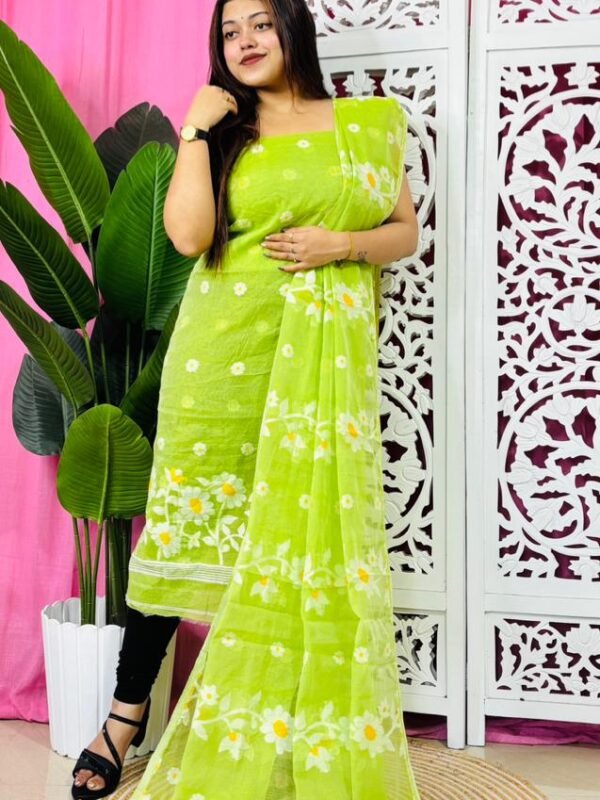 2 Piece Unstitched Sunflower Jamdani Churidar Set - Bright Olive