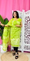 2 Piece Unstitched Sunflower Jamdani Churidar Set - Bright Olive