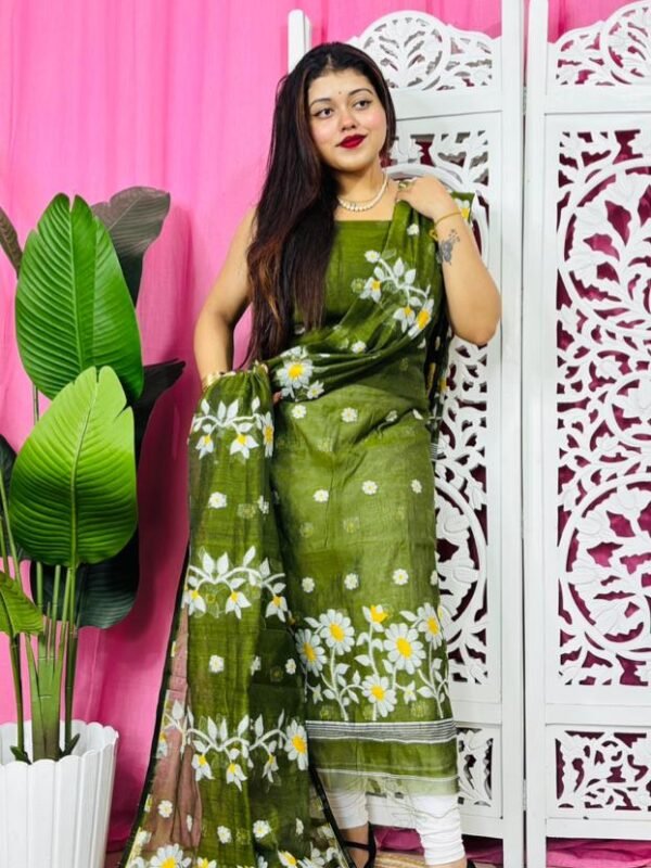 2 Piece Unstitched Sunflower Jamdani Churidar Set - Camo Green