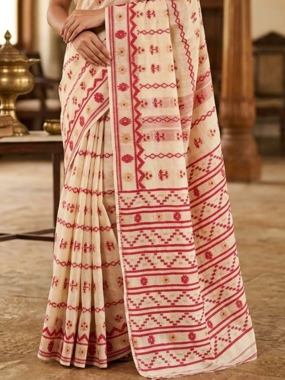 Nayan Tara Soft Dhakai Jamdani Saree - Cream