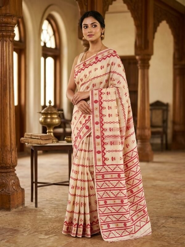 Nayan Tara Soft Dhakai Jamdani Saree - Cream