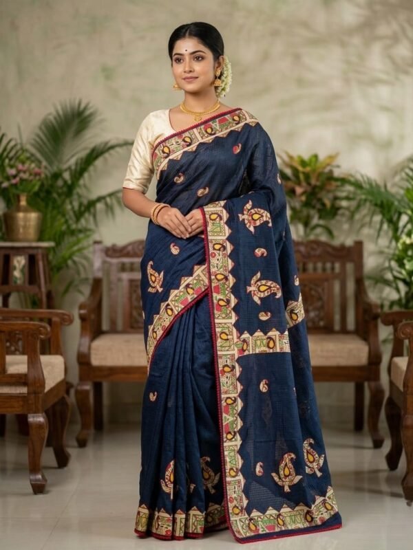 Classic Dark Blue Grey Applique Work Saree with Detailed Border Design