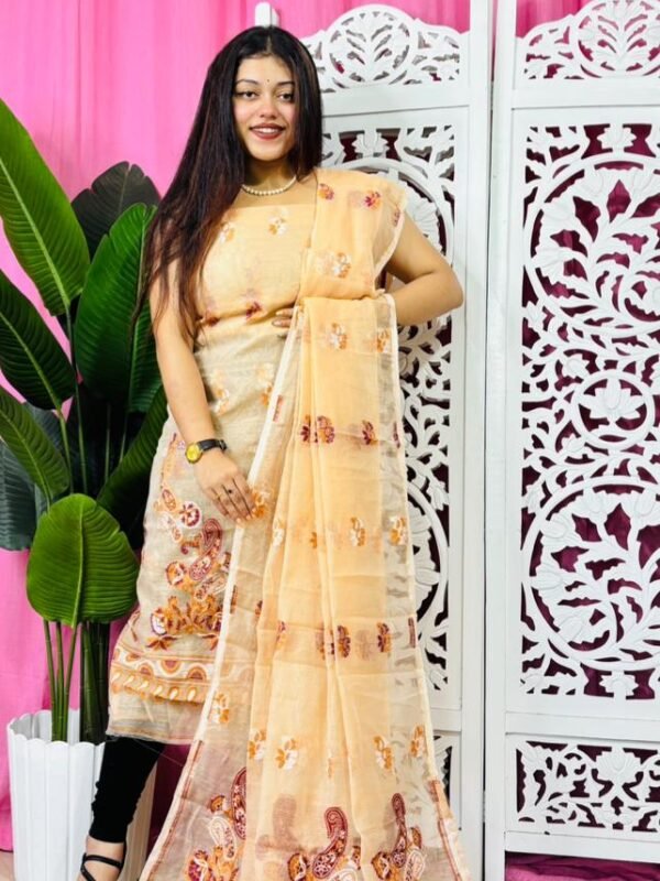 Unstitched 2 Piece Jamdani Churidar Set - Dark Cream