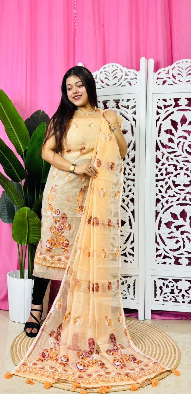 Unstitched 2 Piece Jamdani Churidar Set - Dark Cream