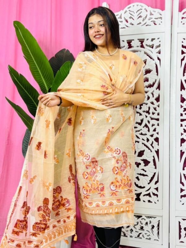 Unstitched 2 Piece Jamdani Churidar Set - Dark Cream