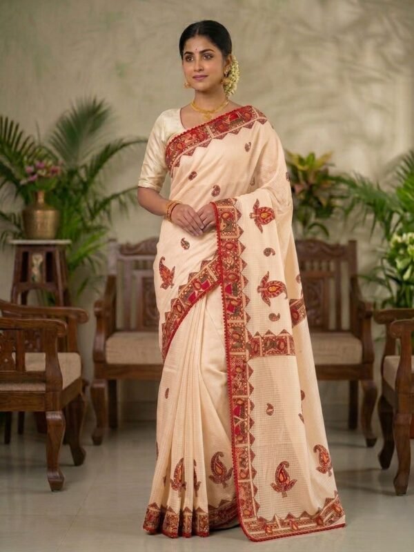 Classic Dark Cream Applique Work Saree with Detailed Border Design