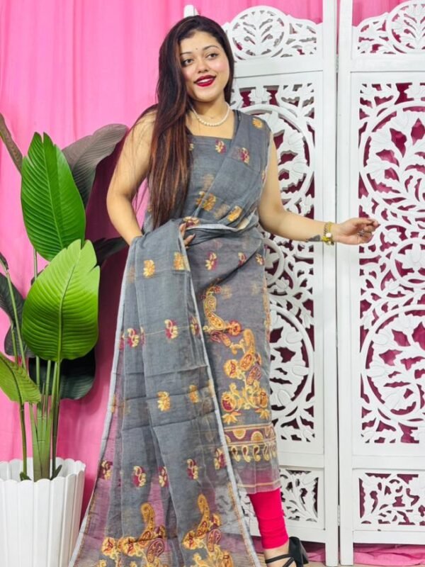 Unstitched 2 Piece Jamdani Churidar Set - Davy Grey