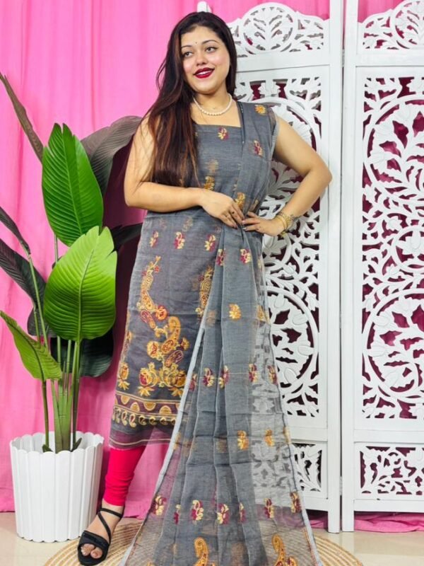 Unstitched 2 Piece Jamdani Churidar Set - Davy Grey