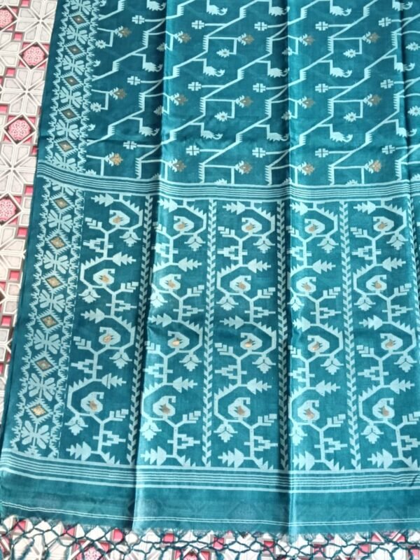Pure Gachi Tussar Handloom Jamdani Sari With Blouse Piece - Deep Aqua