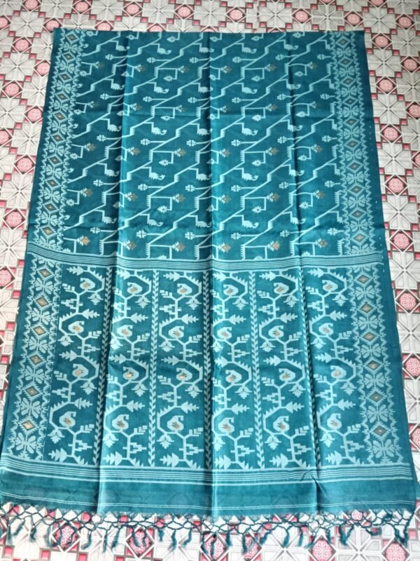 Pure Gachi Tussar Handloom Jamdani Sari With Blouse Piece - Deep Aqua