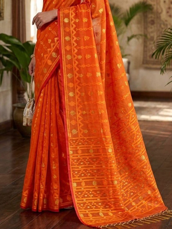 Nayan Tara Soft Dhakai Jamdani Saree - Deep Orange