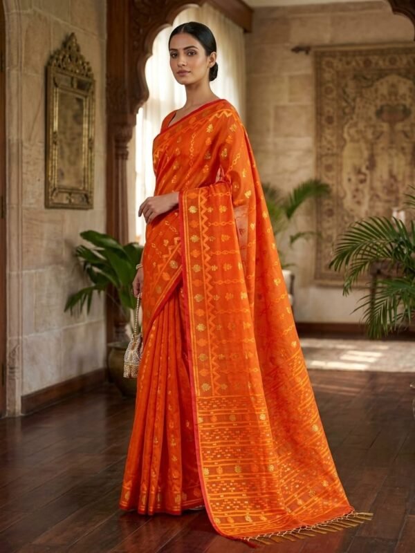 Nayan Tara Soft Dhakai Jamdani Saree - Deep Orange