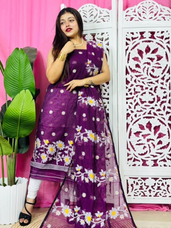 2 Piece Unstitched Sunflower Jamdani Churidar Set - Deep Purple