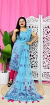 Unstitched 2 Piece Jamdani Churidar Set - Denim Blue