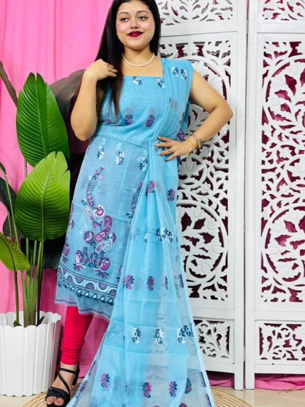 Unstitched 2 Piece Jamdani Churidar Set - Denim Blue