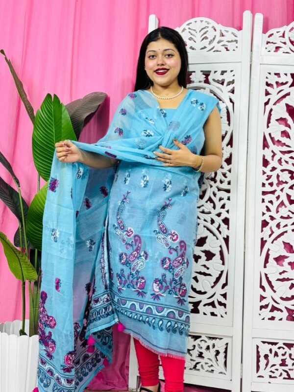 Unstitched 2 Piece Jamdani Churidar Set - Denim Blue
