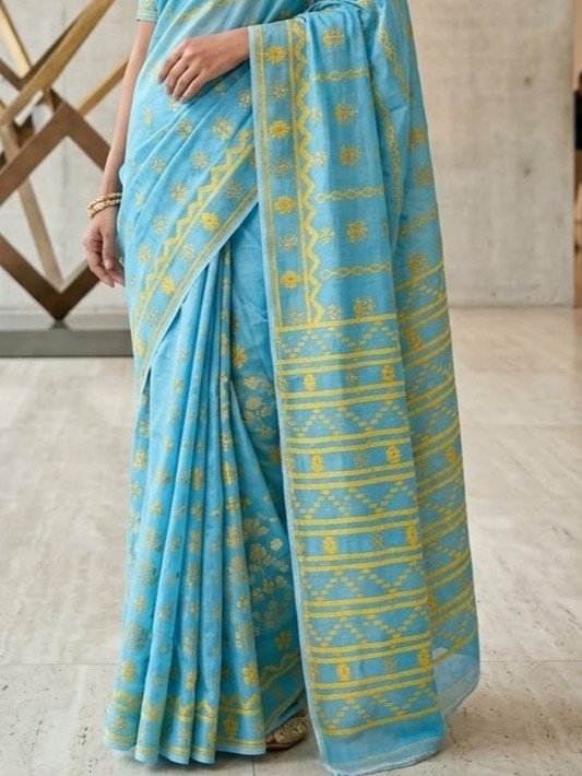 Nayan Tara Soft Dhakai Jamdani Saree - Dirty Blue
