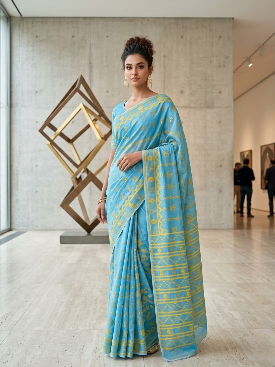 Nayan Tara Soft Dhakai Jamdani Saree - Dirty Blue Nayan Tara Soft Dhakai Jamdani Saree - Dirty Blue