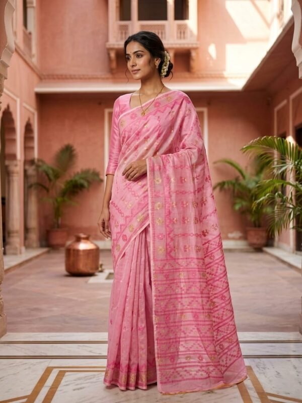 Nayan Tara Soft Dhakai Jamdani Saree - Dusty Pink