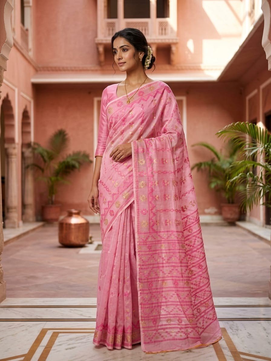 Nayan Tara Soft Dhakai Jamdani Saree - Dusty Pink Nayan Tara Soft Dhakai Jamdani Saree - Dusty Pink