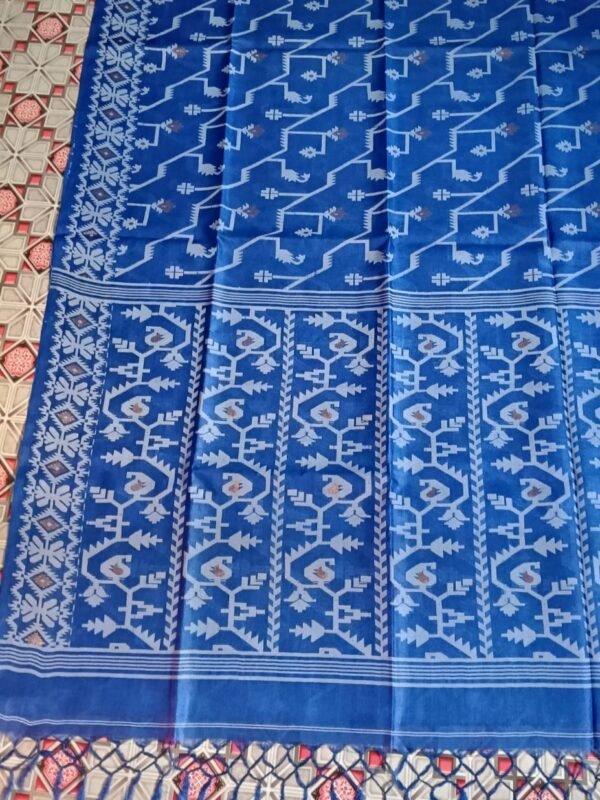 Pure Gachi Tussar Handloom Jamdani Sari With Blouse Piece - Fun Blue