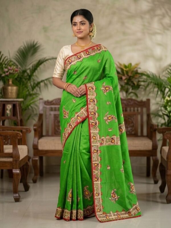 Classic Grass Green Applique Work Saree with Detailed Border Design