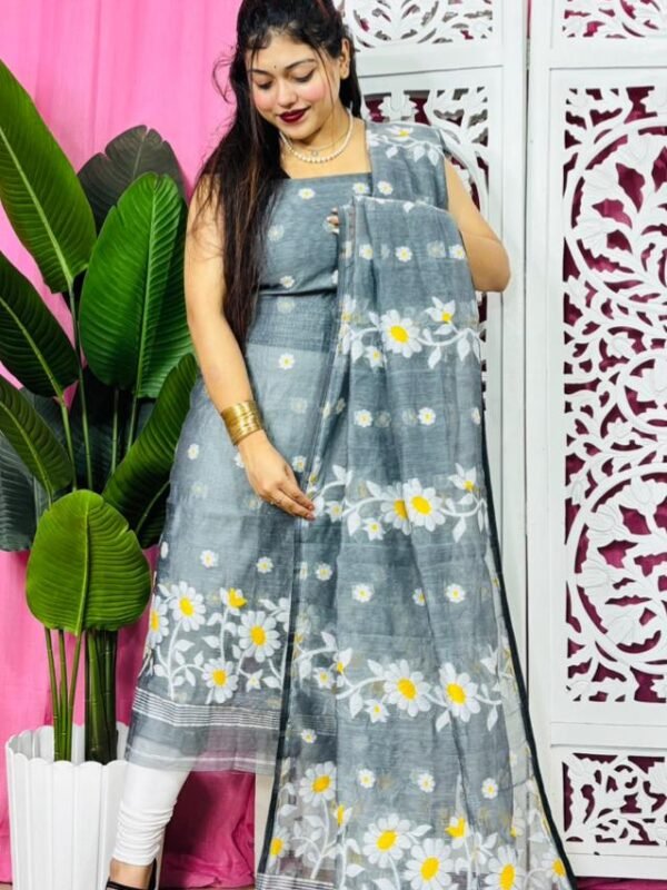2 Piece Unstitched Sunflower Jamdani Churidar Set - Grey