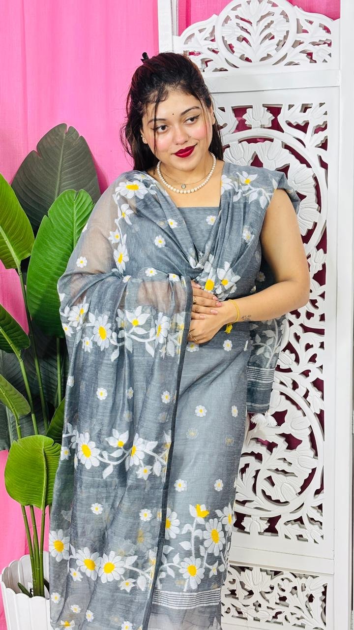 2 Piece Unstitched Sunflower Jamdani Churidar Set - Grey