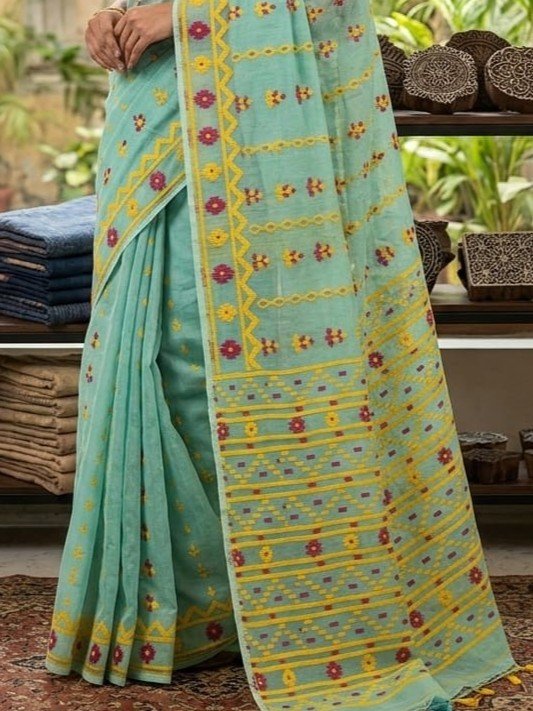 Nayan Tara Soft Dhakai Jamdani Saree - Greyish Teal