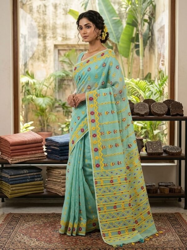 Nayan Tara Soft Dhakai Jamdani Saree - Greyish Teal