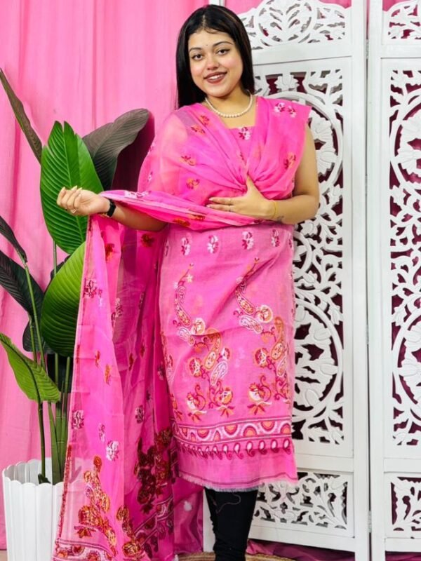 Unstitched 2 Piece Jamdani Churidar Set - Hot Pink