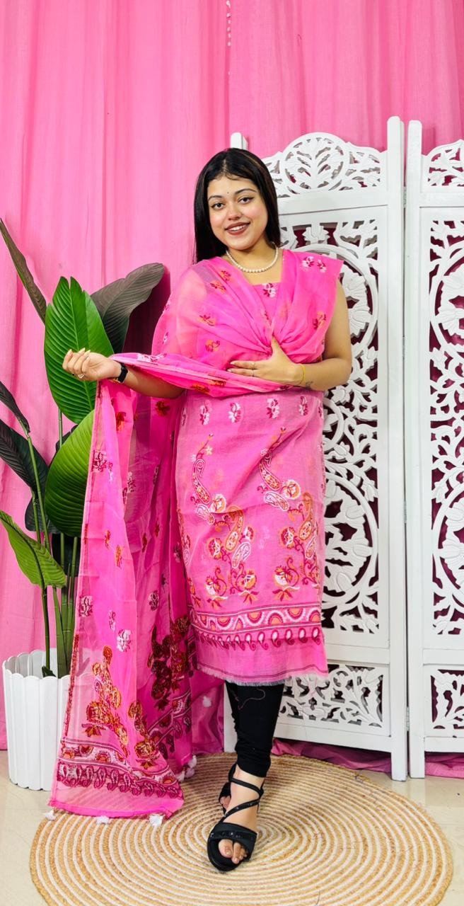 Unstitched 2 Piece Jamdani Churidar Set - Hot Pink