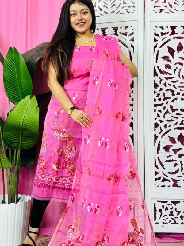 Unstitched 2 Piece Jamdani Churidar Set - Hot Pink