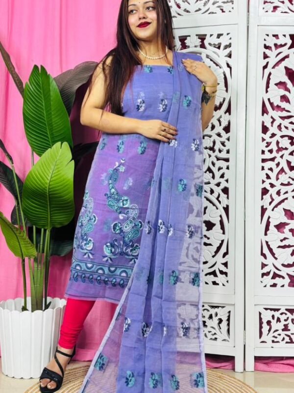 Unstitched 2 Piece Jamdani Churidar Set - Lavender Blue