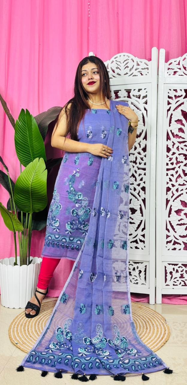 Unstitched 2 Piece Jamdani Churidar Set - Lavender Blue