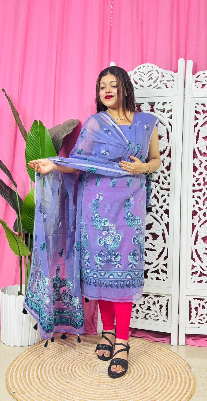 Unstitched 2 Piece Jamdani Churidar Set - Lavender Blue