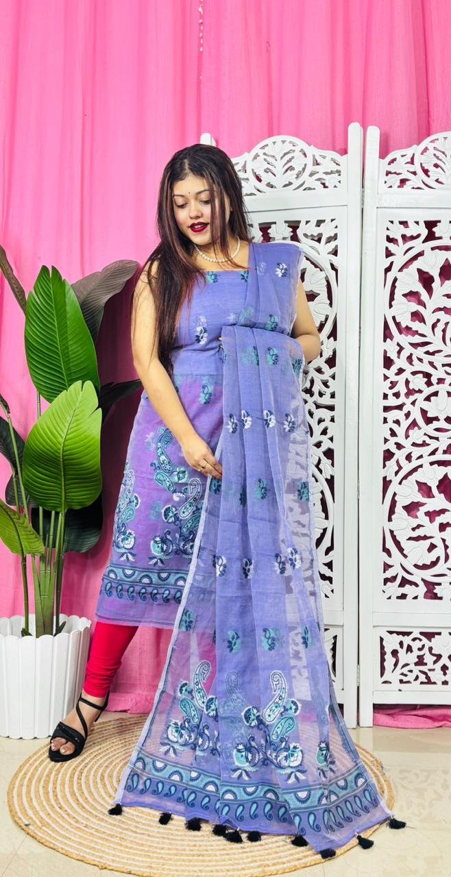 Unstitched 2 Piece Jamdani Churidar Set - Lavender Blue