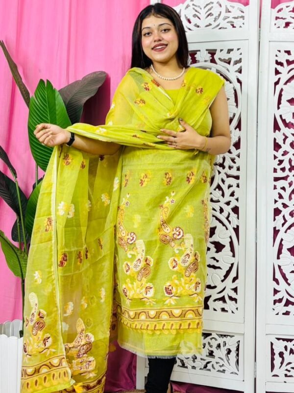 Unstitched 2 Piece Jamdani Churidar Set - Lemon