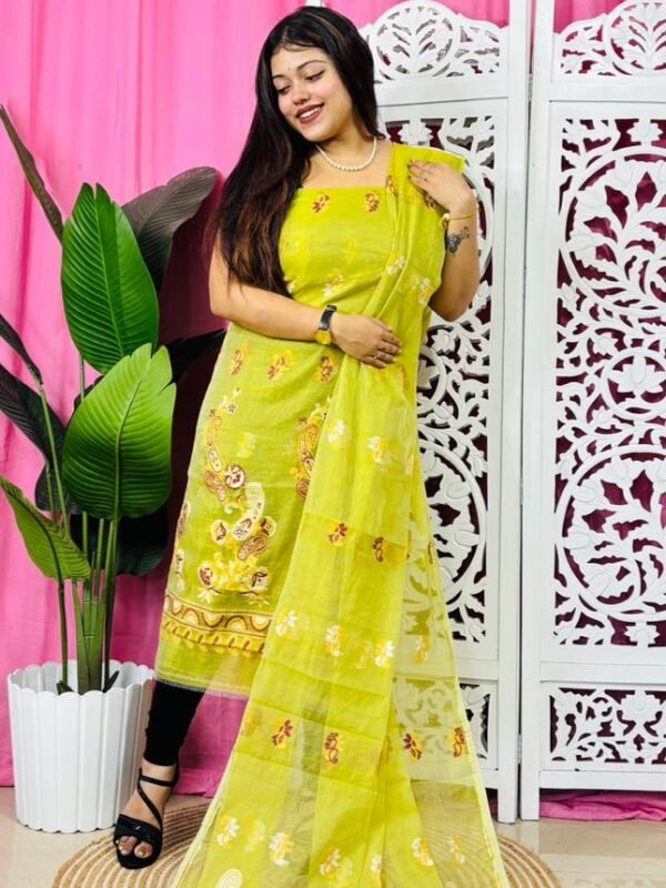 Unstitched 2 Piece Jamdani Churidar Set - Lemon