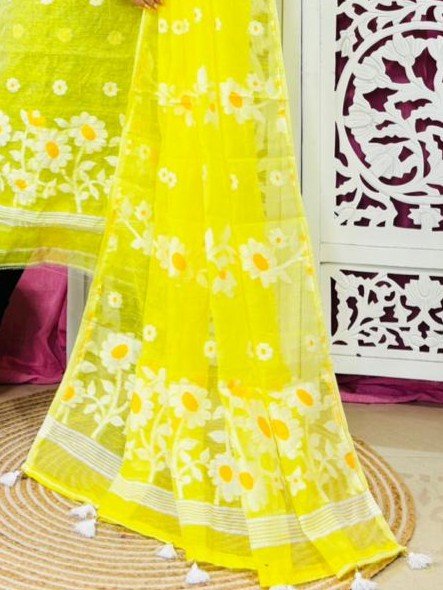 2 Piece Unstitched Sunflower Jamdani Churidar Set - Lemon Yellow